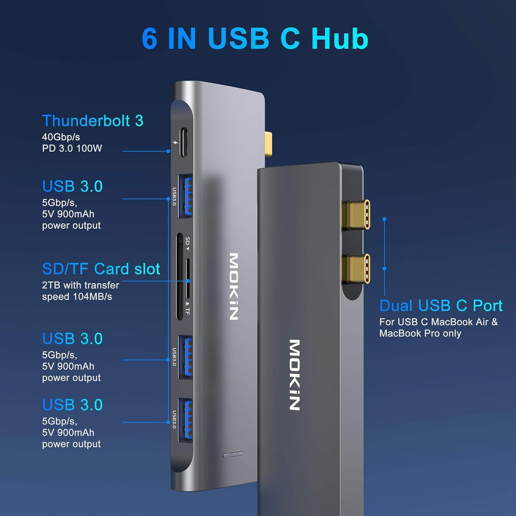 Laptop Docking Station 3 Monitors, USB C Hub with 2 HDMI 2DP, RJ45 Ethernet, 5 Gbps USB C/A, 100W PD SD/microSD for Dell/HP/Lenovo - MOKiN