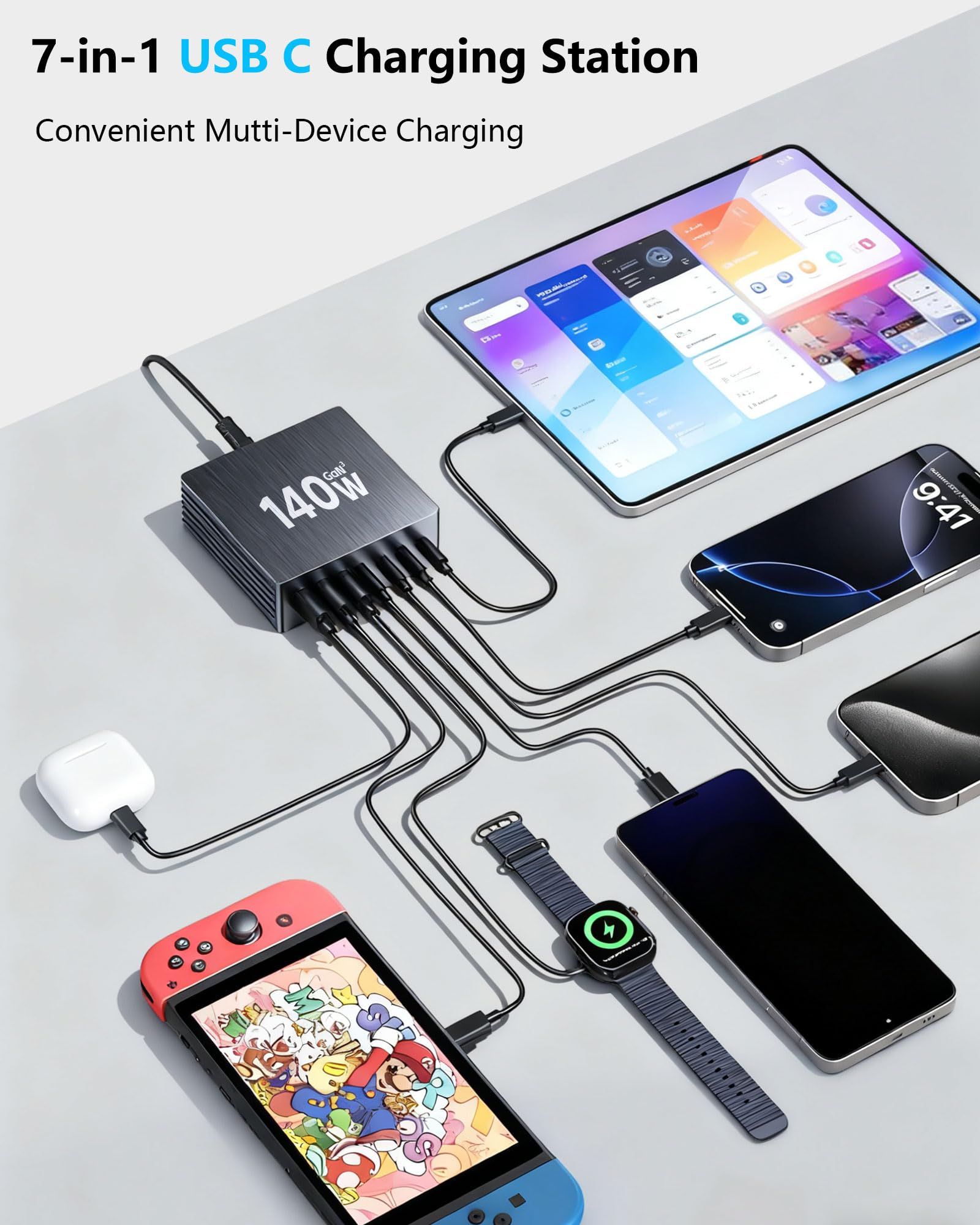 USB C Charging Station, 140W GaN III 7 Port Fast Charger Station, PD 3.0 USB Charging Station for Multiple Devices, USB Charging Hub, Multiple USB C Charger Station for iPad iPhone Samsung Android