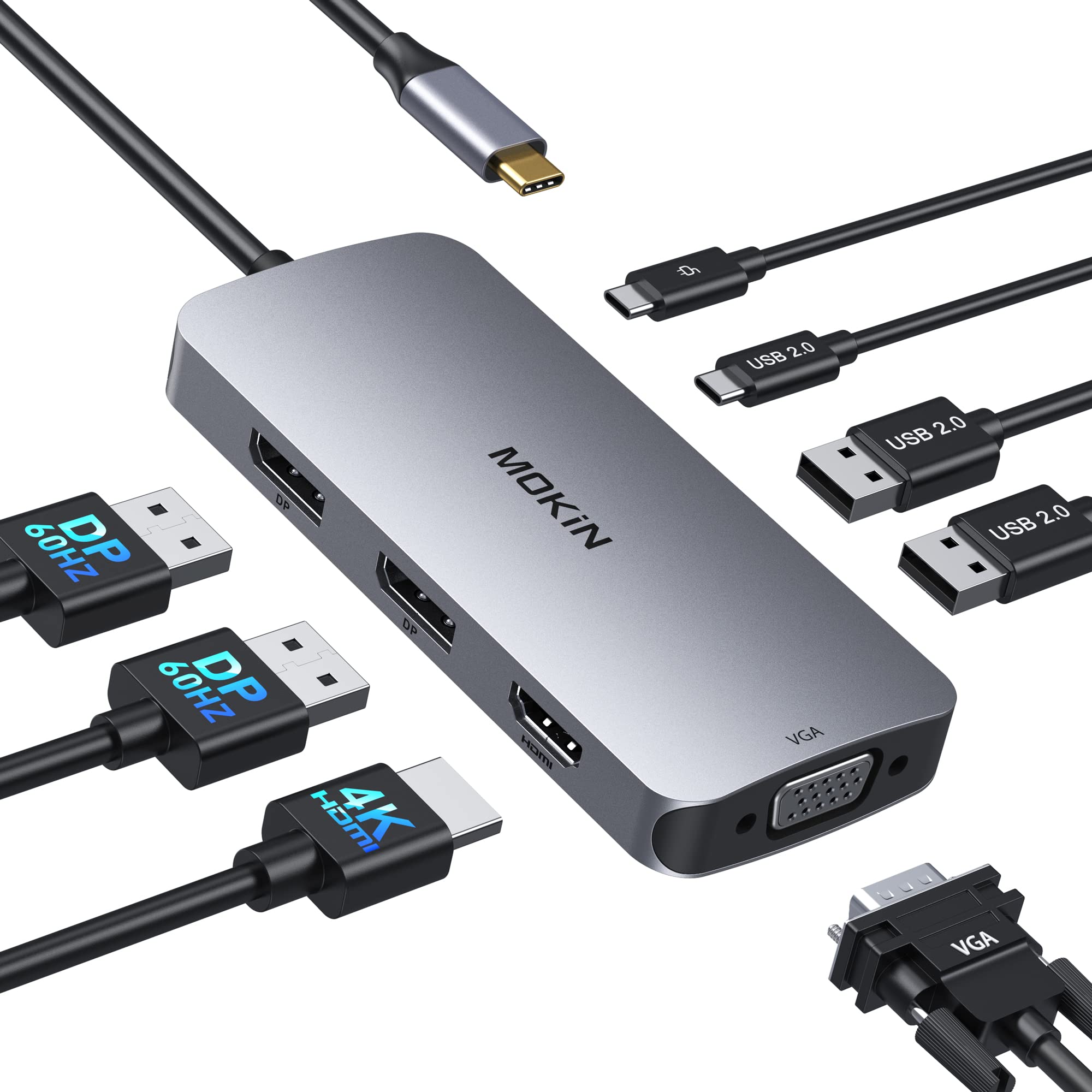 Laptop Docking Station 3 Monitors, USB C Hub with 2 HDMI 2DP, RJ45 Ethernet, 5 Gbps USB C/A, 100W PD SD/microSD for Dell/HP/Lenovo - MOKiN