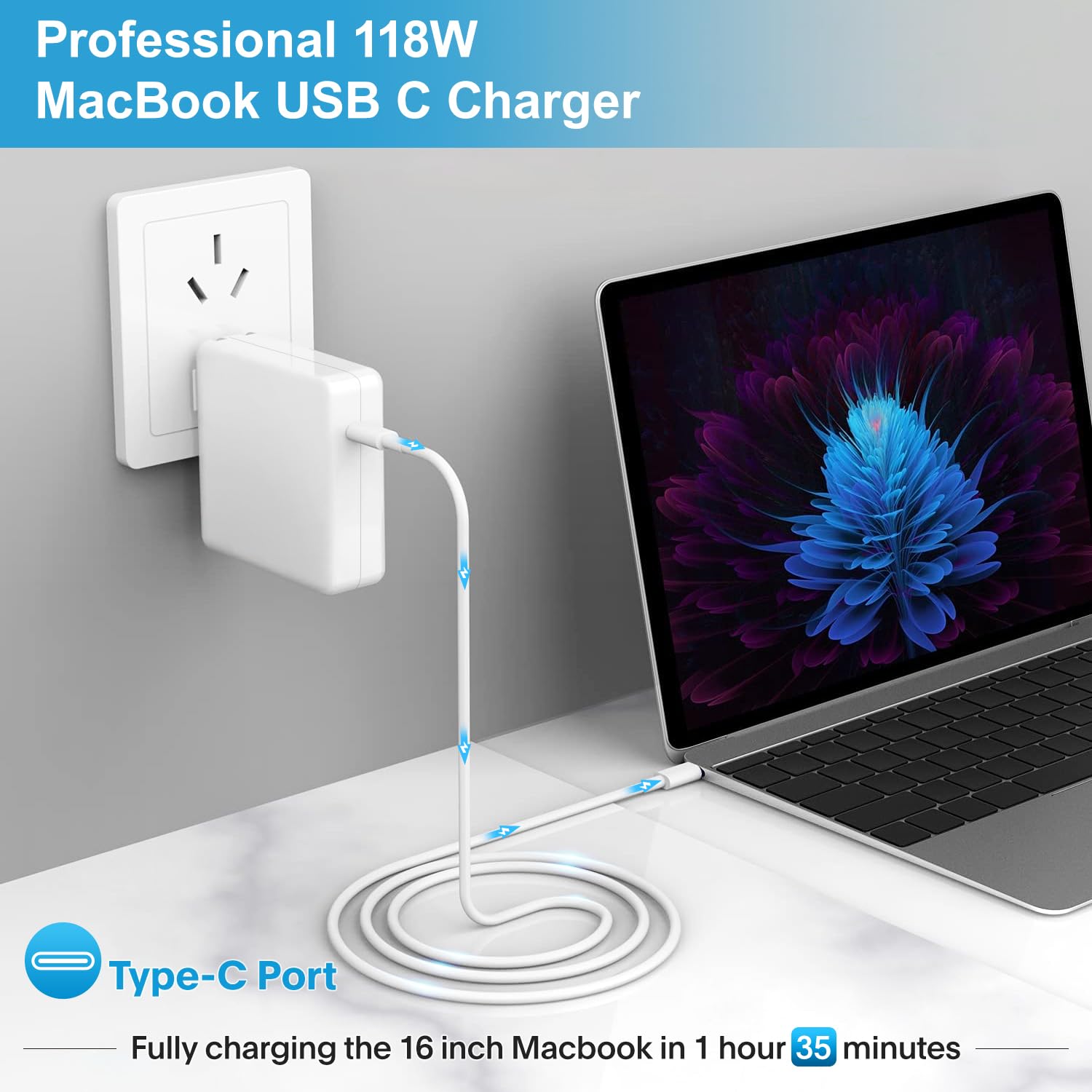 Mac Book Pro Charger-118W USB C Fast Charger Power Adapter Compatible with MacBook Pro/MacBook Air 16 15 14 13 Inch, M1 M2 M3 M4 M5, New iPad Pro and All USB C Device, 6.6ft Charge Cable