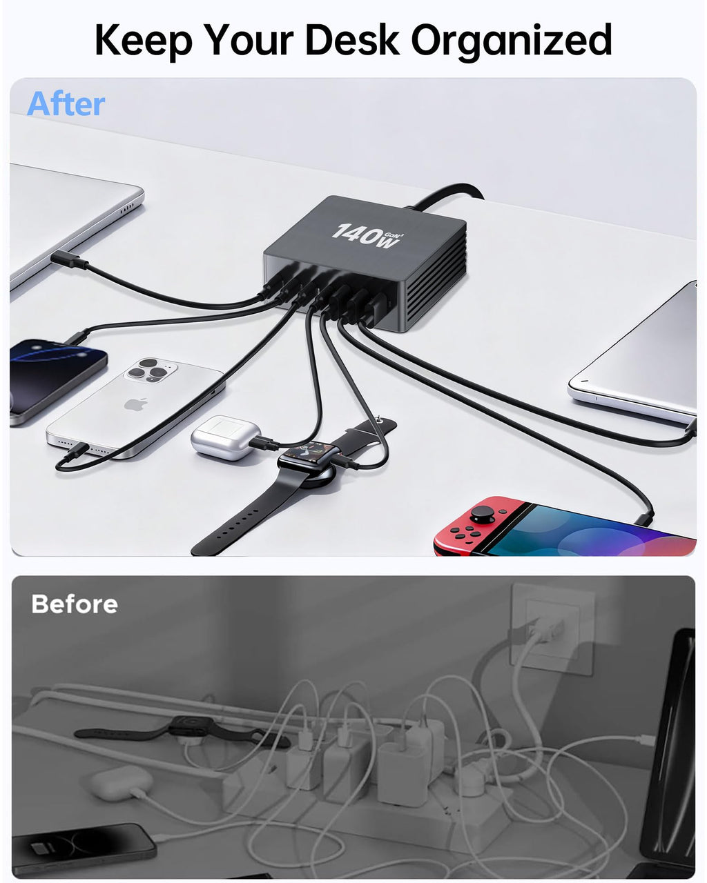 USB C Charging Station, 140W GaN III 7 Port Fast Charger Station, PD 3.0 USB Charging Station for Multiple Devices, USB Charging Hub, Multiple USB C Charger Station for iPad iPhone Samsung Android