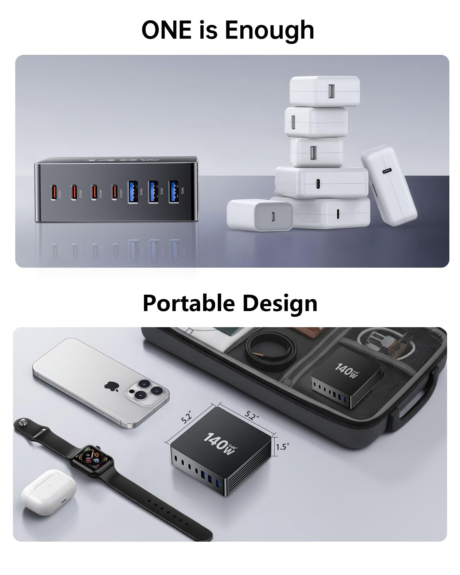USB C Charging Station, 140W GaN III 7 Port Fast Charger Station, PD 3.0 USB Charging Station for Multiple Devices, USB Charging Hub, Multiple USB C Charger Station for iPad iPhone Samsung Android
