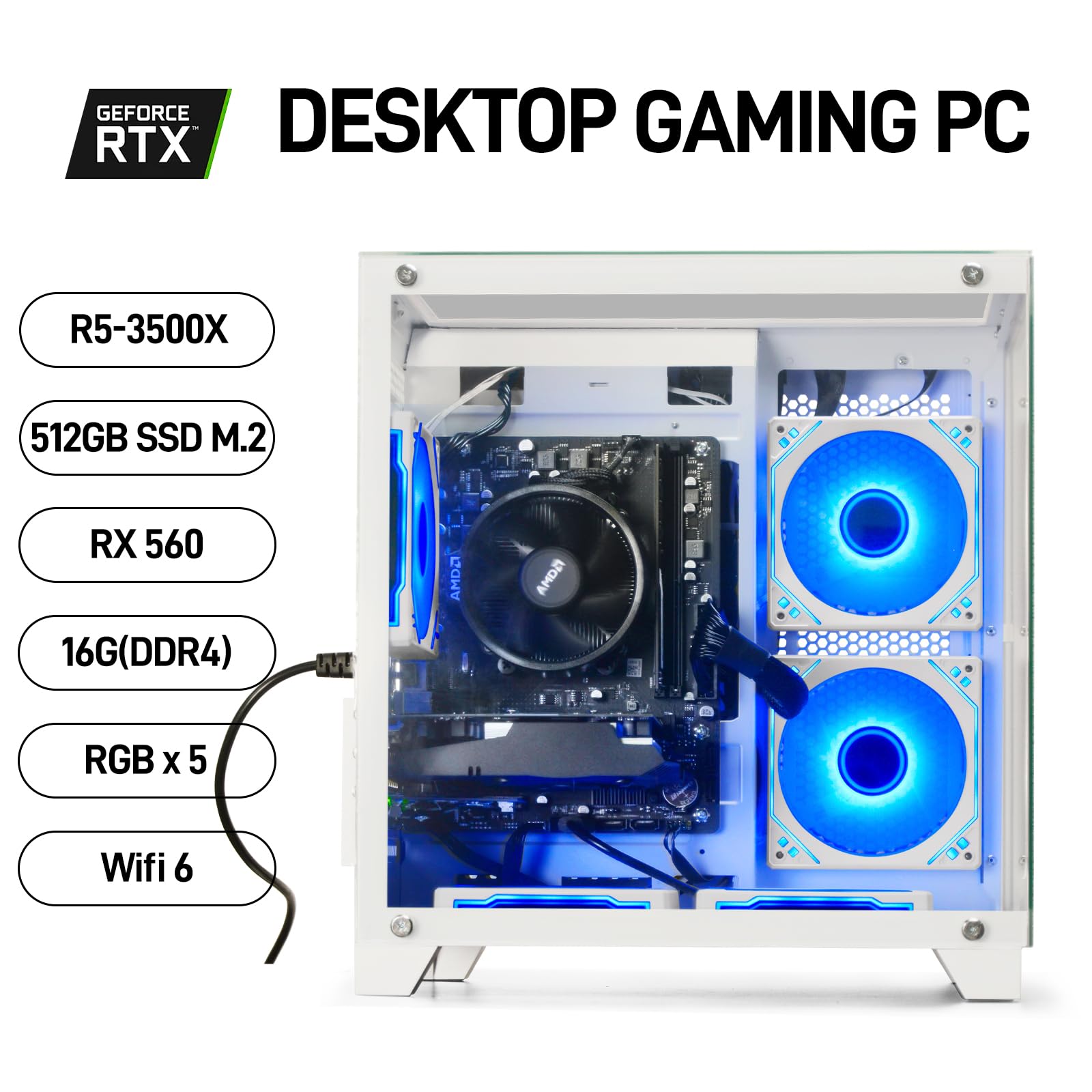 Prebuilt Gaming PC Desktop | Ryzen 5 6Cores 3.6G Up to 4.1G | RX 560 4G Graphics Card | 16G DDR4 RAM | 512G SSD | Wi-Fi 6 | Tower Computer White
