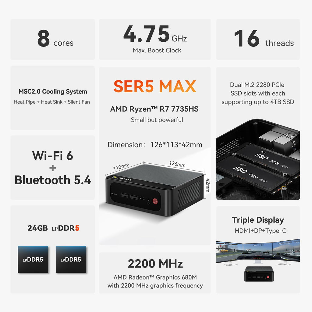 Beelink SER3 Mini PC, AMD Ryzen 3 3200U(14nm, 2C/4T) up to 3.5GHz, Mini Gaming Computer 16GB DDR4 RAM 500GB PCIE3.0 X4 SSD, Micro PC 4K@60Hz Dual Display, Mini Computer WiFi6/BT5.2/HTPC/W-11 Pro