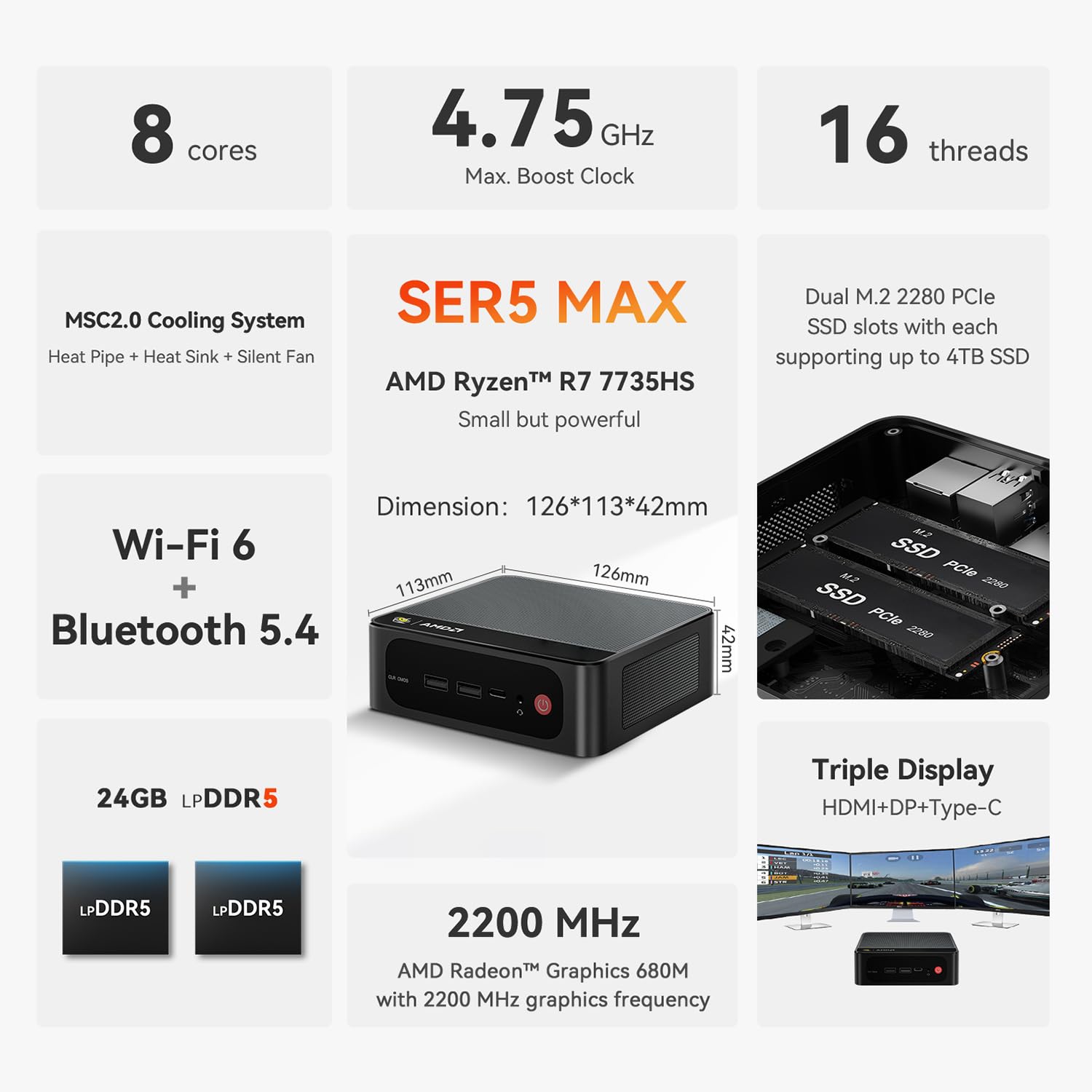 Beelink SER3 Mini PC, AMD Ryzen 3 3200U(14nm, 2C/4T) up to 3.5GHz, Mini Gaming Computer 16GB DDR4 RAM 500GB PCIE3.0 X4 SSD, Micro PC 4K@60Hz Dual Display, Mini Computer WiFi6/BT5.2/HTPC/W-11 Pro