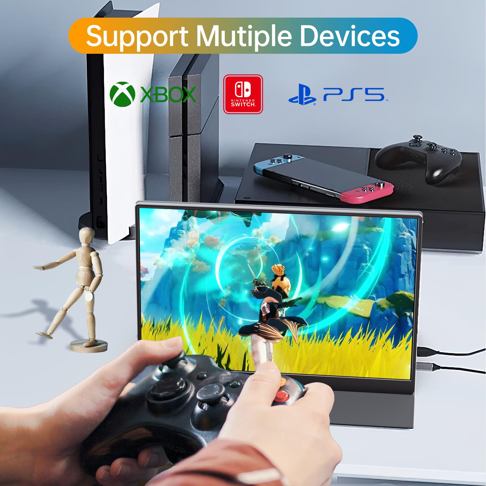 Anyuse Portable Monitor 15.6 Inch 1080P USB-C HDMI Ultra-Slim Travel Monitor with Kickstand, for Laptop, PC, Mac Phone, PS, Xbox, Swich IPS Ultra-Thin Zero Frame Gaming