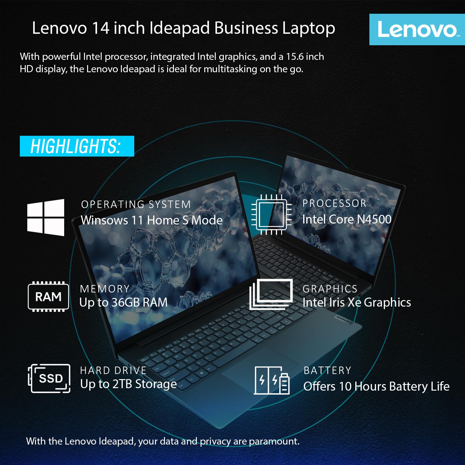 Lenovo IdeaPad Business Laptop with Microsoft 365 • 11 Hour Battery • Intel High Performance CPU • 8GB RAM • 128GB Internal SSD | with Additional 1TB One Drive Storage • SD-Card Reader • Windows 11