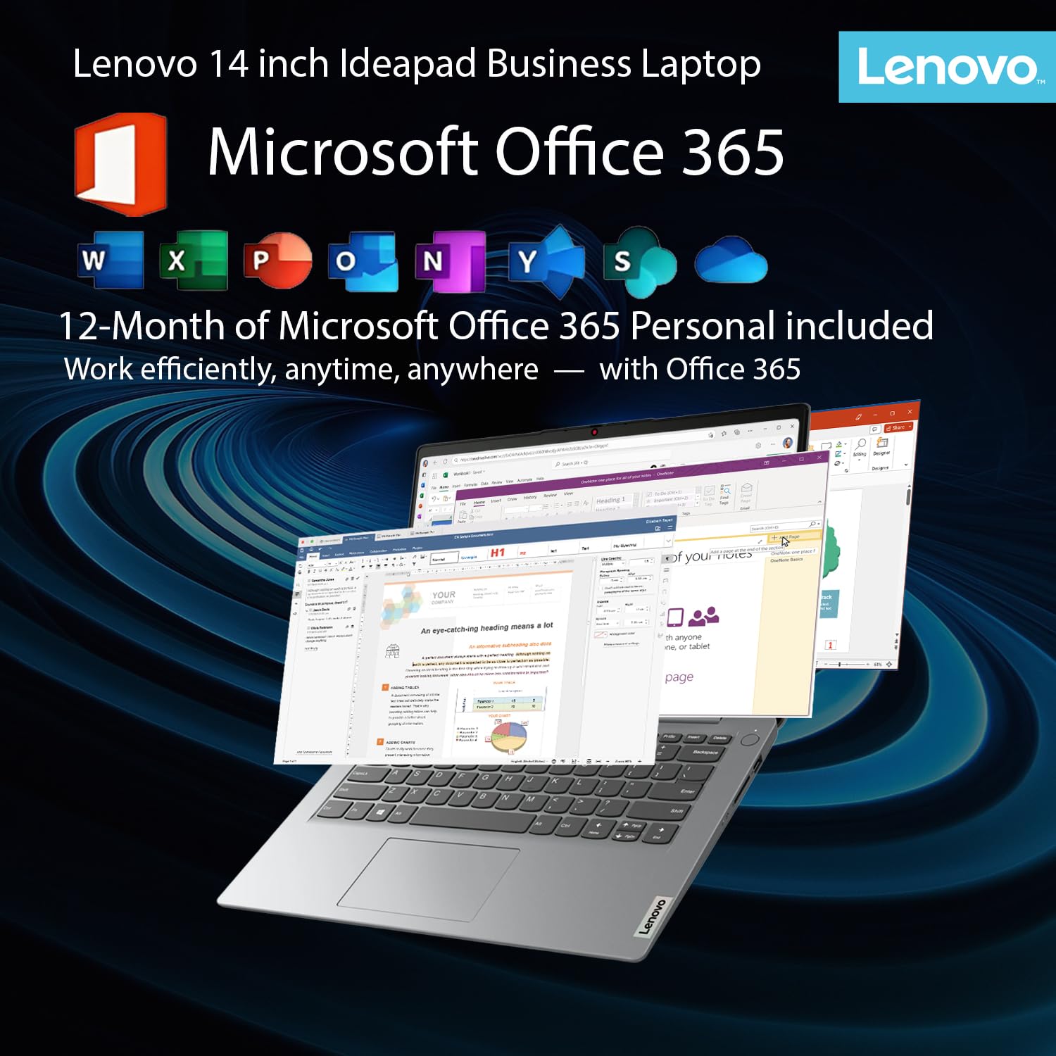 Lenovo IdeaPad Business Laptop with Microsoft 365 • 11 Hour Battery • Intel High Performance CPU • 8GB RAM • 128GB Internal SSD | with Additional 1TB One Drive Storage • SD-Card Reader • Windows 11