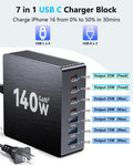 USB C Charging Station, 140W GaN III 7 Port Fast Charger Station, PD 3.0 USB Charging Station for Multiple Devices, USB Charging Hub, Multiple USB C Charger Station for iPad iPhone Samsung Android