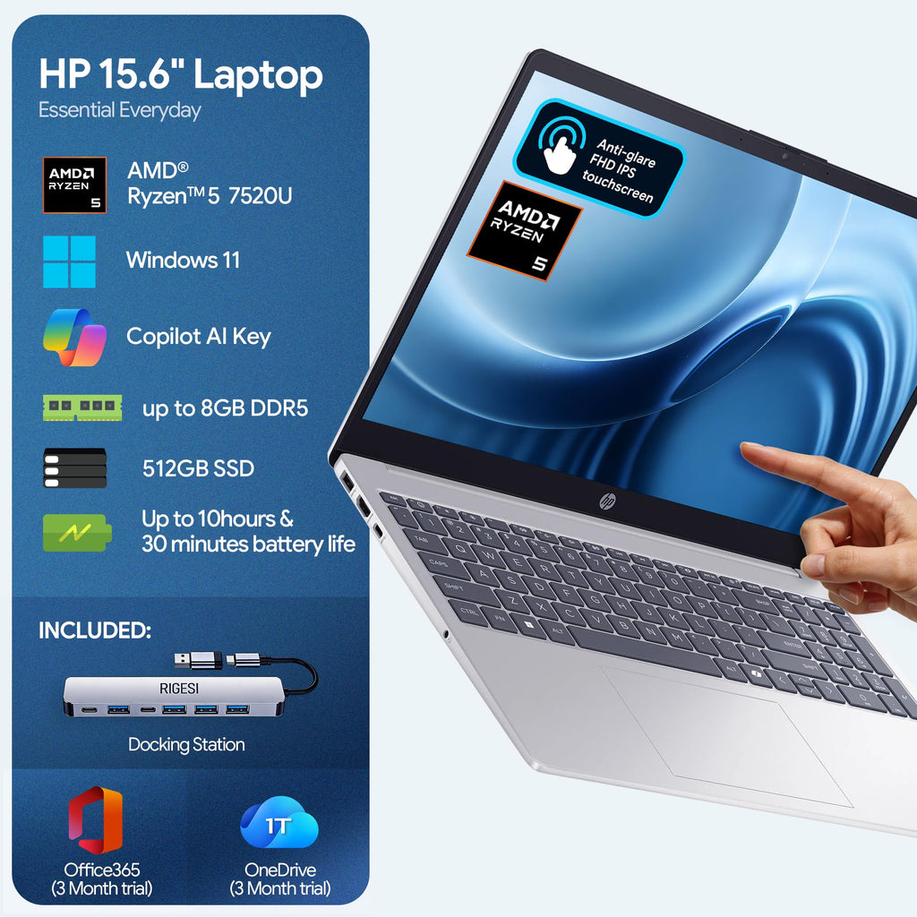 HP 15.6" FHD Touchscreen Laptop – AMD Ryzen 5 7520U (Beats i7-1165G7), 8GB DDR5 RAM, 128GB SSD, 3-Month Office 365 Trial, Windows 11 Pro, WiFi 6, HD Camera – with Docking Station Included